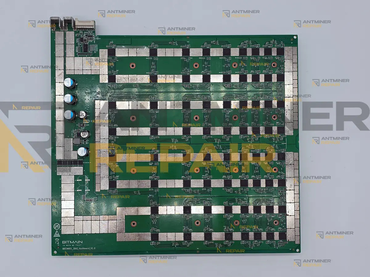 Top-down view of Antminer D7 hashboard PCB showing domains, connectors, and components