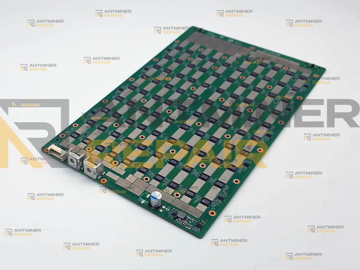 Antminer S21+ Hydro hashboard without its cold plate, showing the ribbon and power connectors at the board end