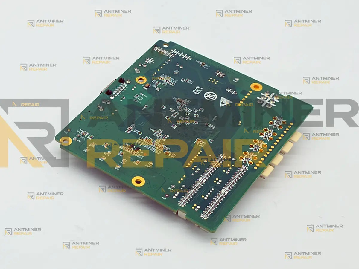 Underside of an Antminer Xilinx control board, showing the solder joints of the hashboard and fan headers along the board edge