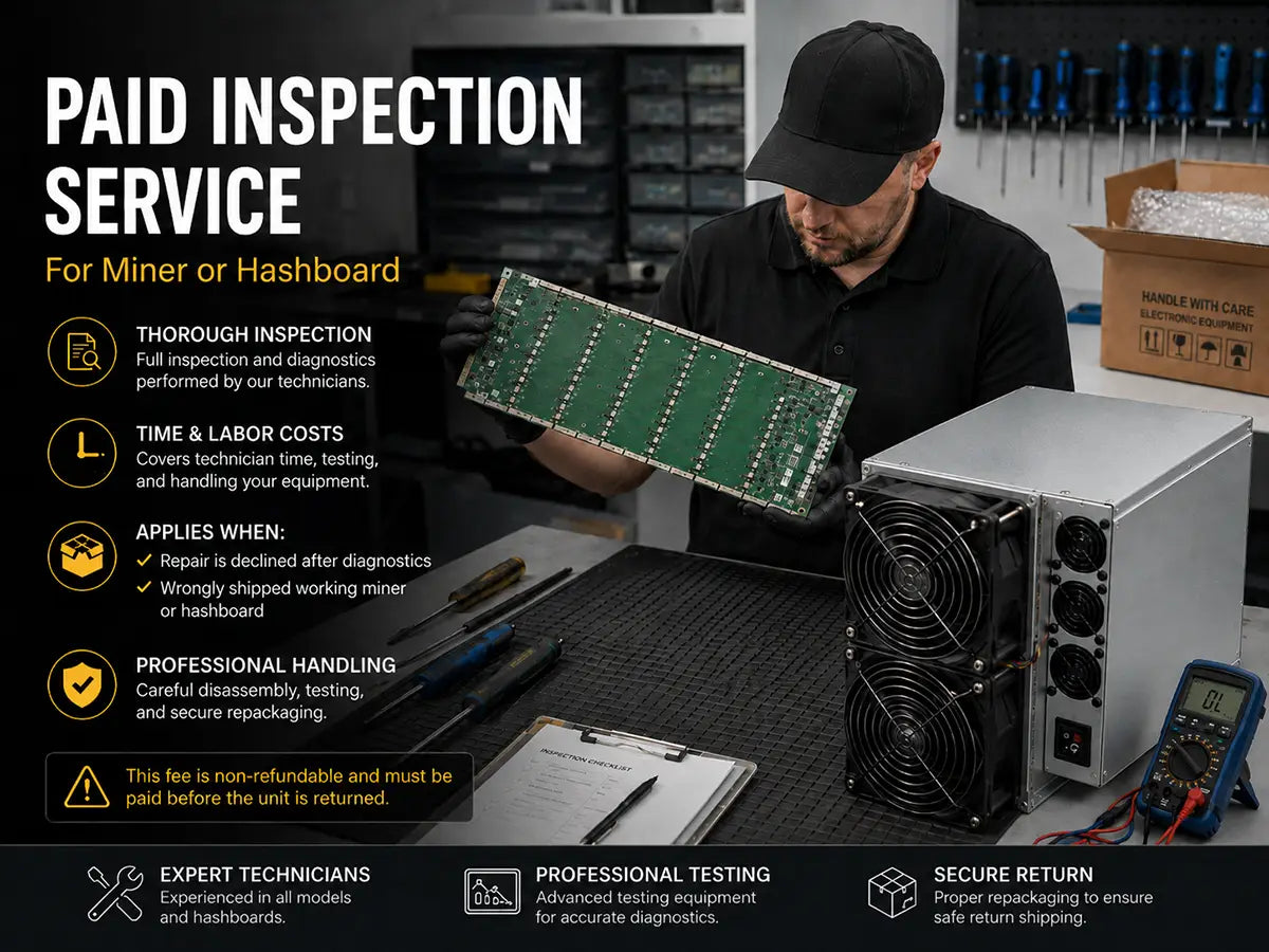 Technician bench-testing an Antminer hashboard beside an opened miner during a paid inspection