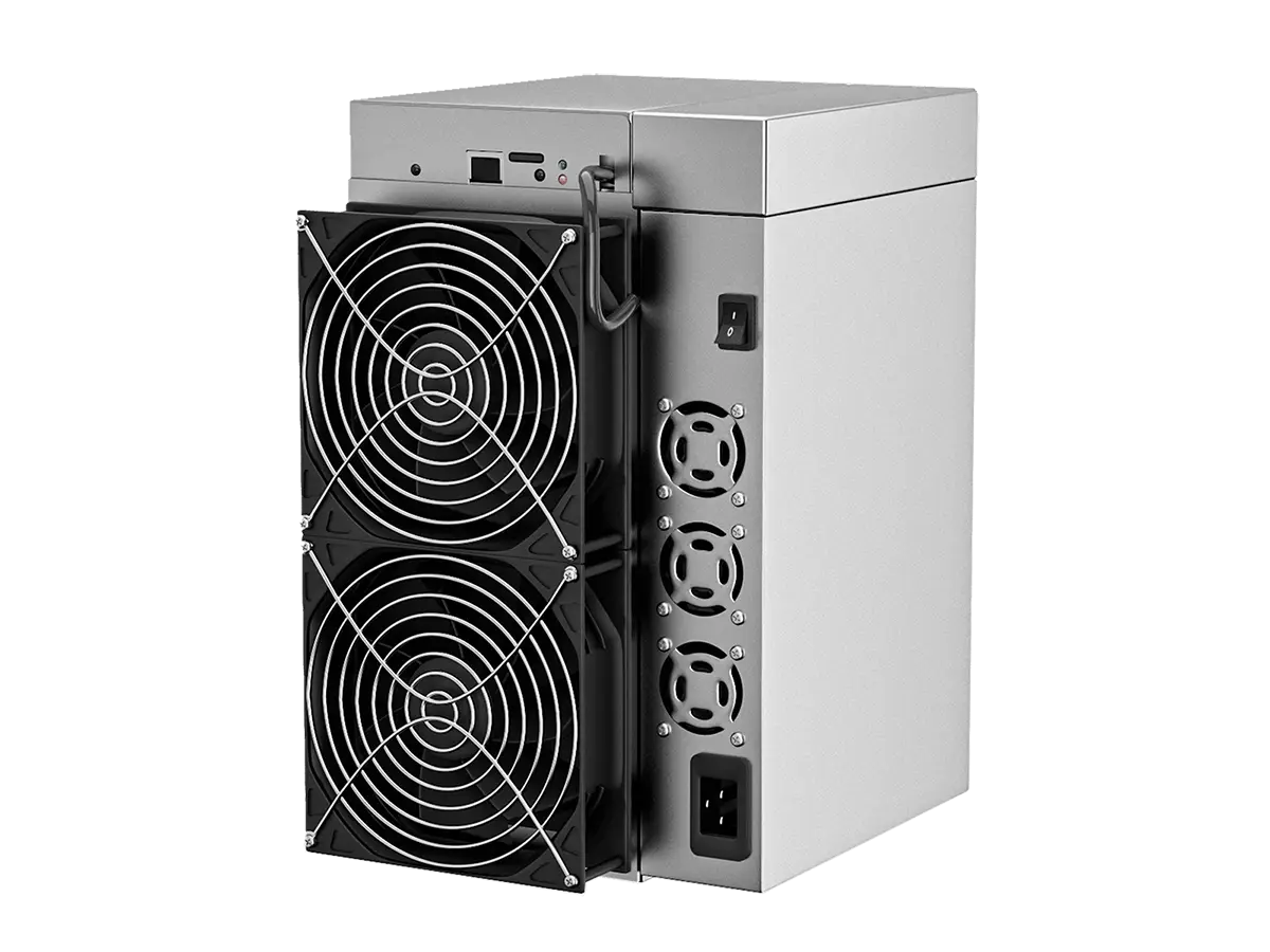 Goldshell SC6-SE Siacoin miner seen from the rear, with both fans, the controller panel and the power supply