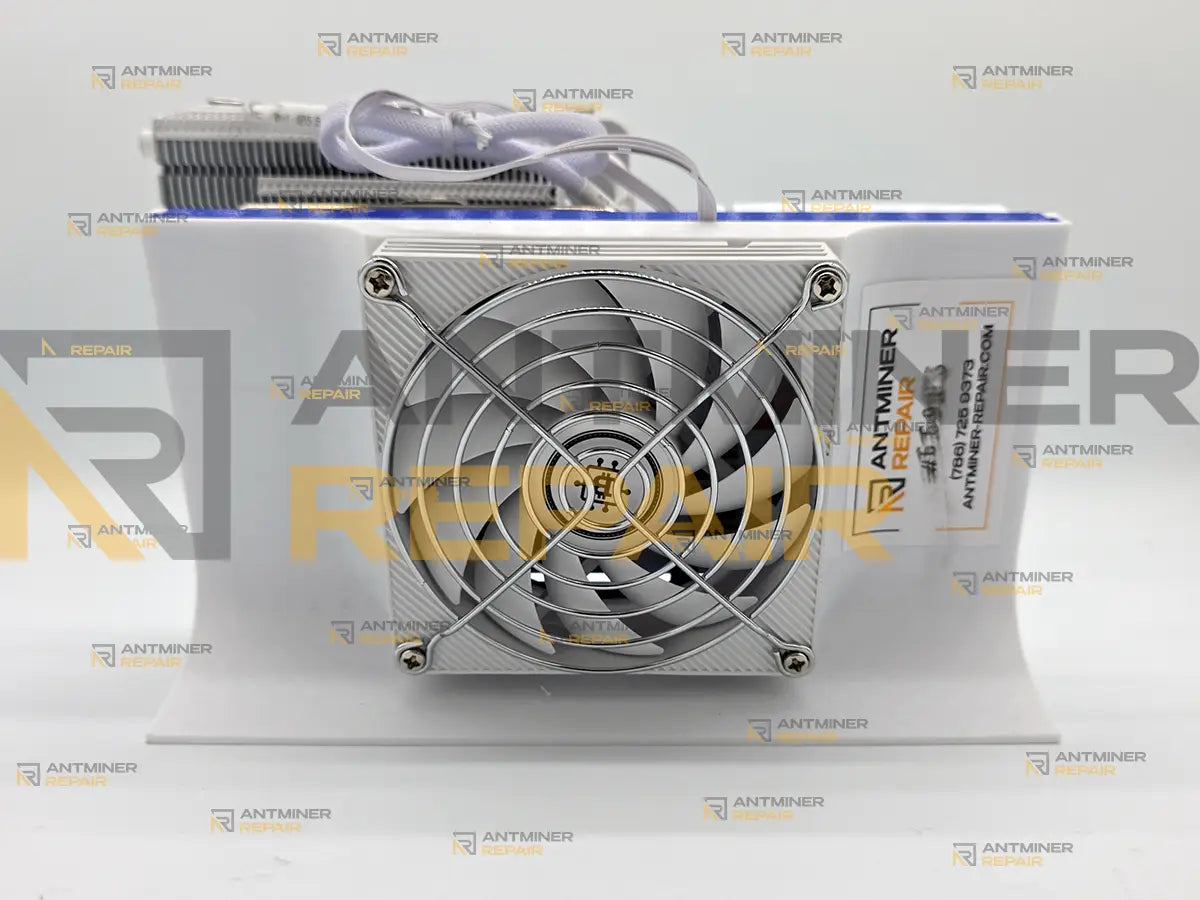NerdQX 8TH white desktop miner front fan view for repair diagnostics