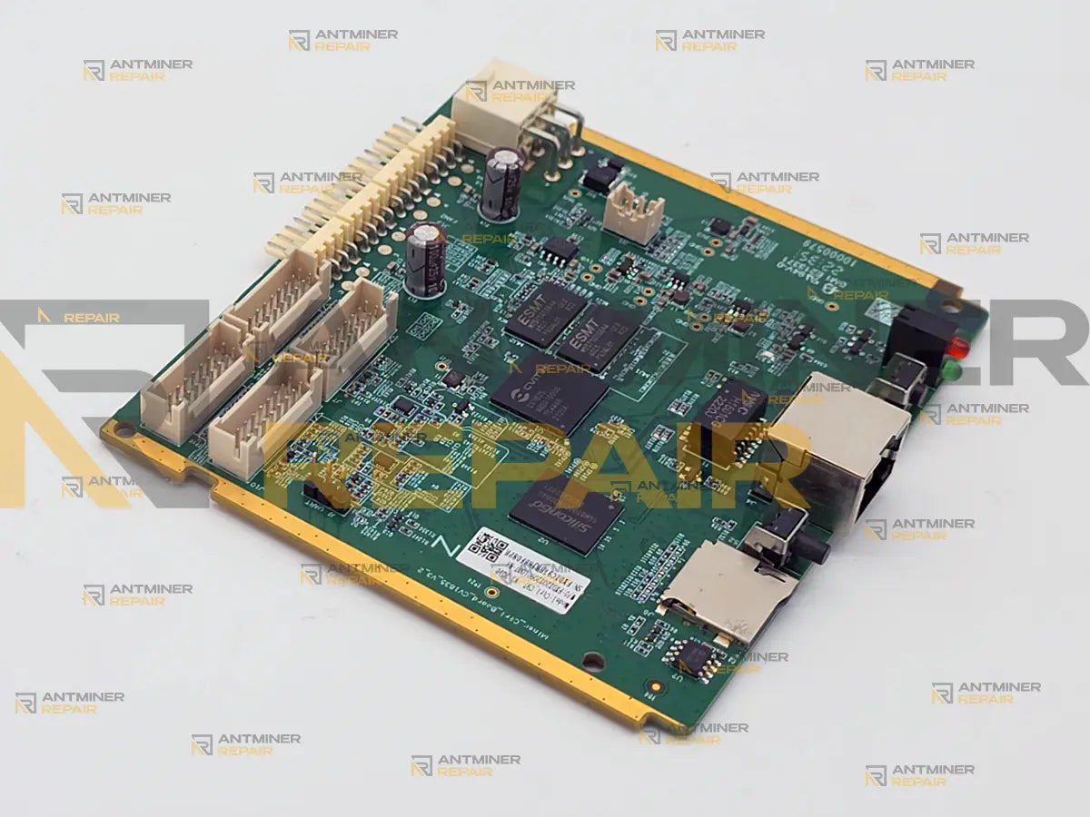Full top view of an Antminer CVITEK CV1835 control board with the processor, memory, storage, SD card slot, Ethernet jack and every hashboard and fan connector in frame