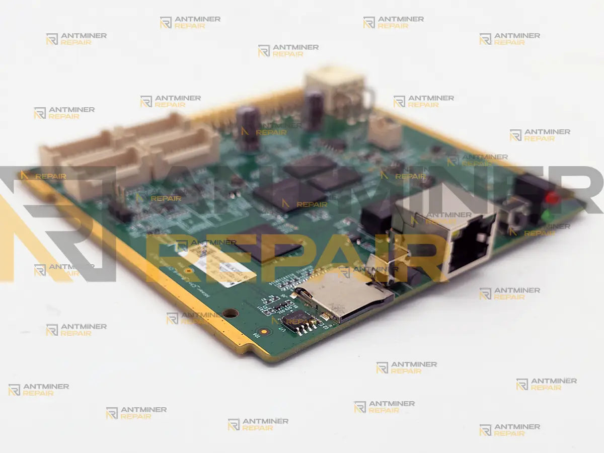 Antminer CVITEK CV1835 control board seen from the port edge, with the SD card slot beside the Ethernet jack and the two status LEDs