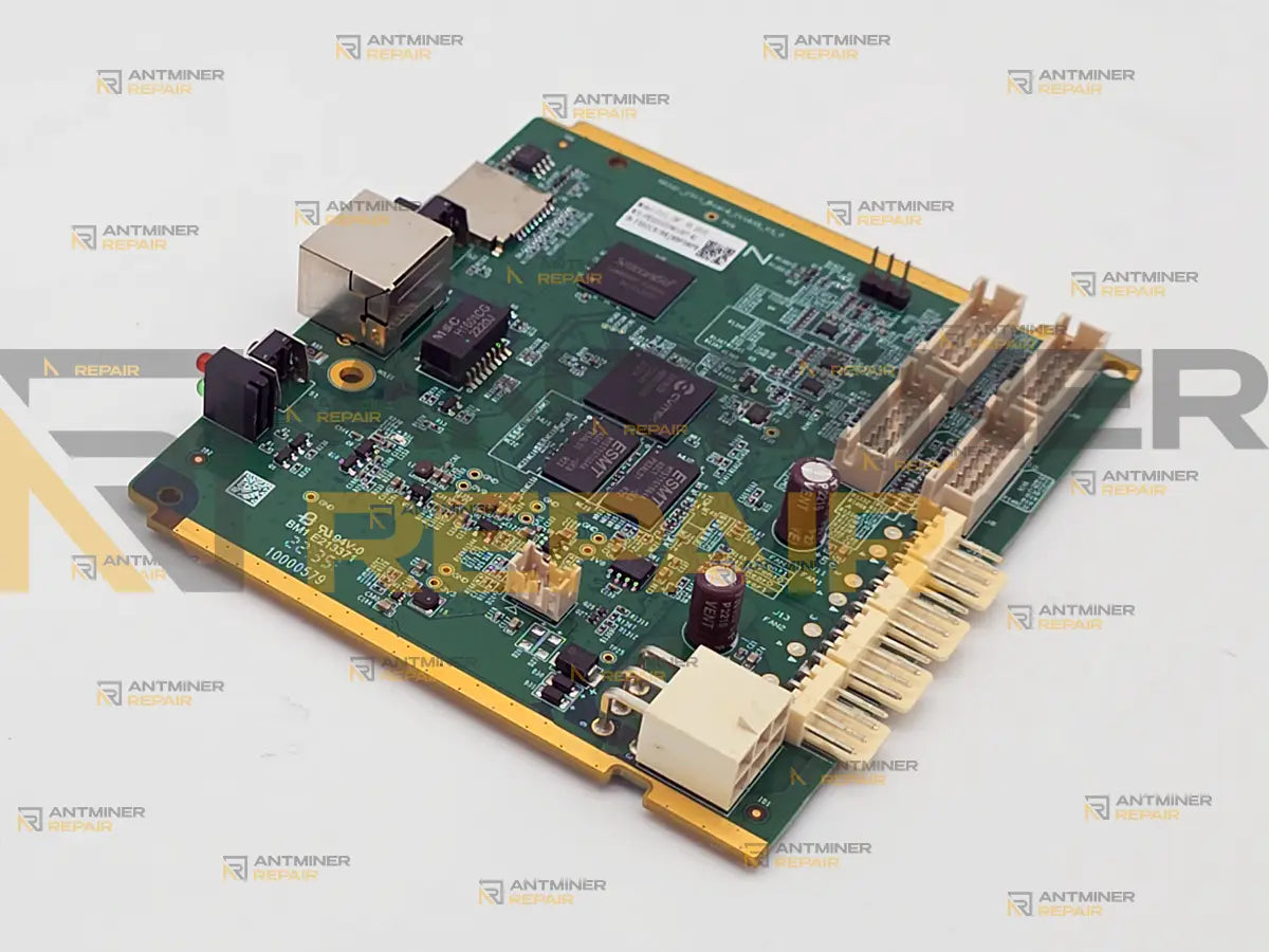 Antminer CVITEK CV1835 control board from above: the CVITEK processor, the two ESMT memory devices, the Ethernet magnetics at T1 and the hashboard connectors
