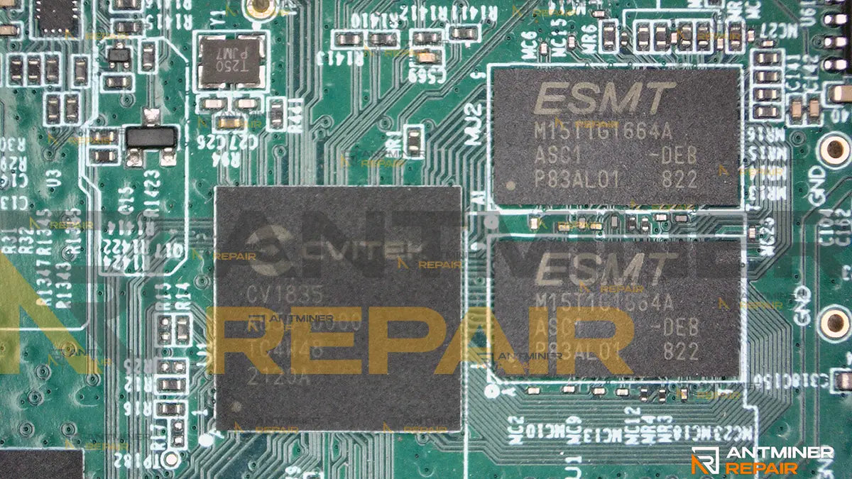 Macro of the CVITEK CV1835 processor on an Antminer control board, marking CVITEK CV1835 AB5010000 TC4W48 2120A readable, with an ESMT M15T1G1664A memory device either side of it