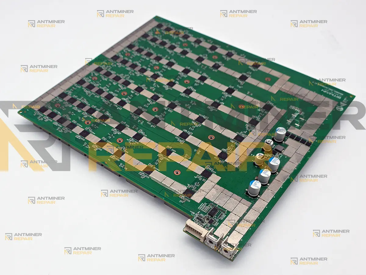 Antminer D7 hashboard front view showing bare PCB, capacitors, and chip lanes