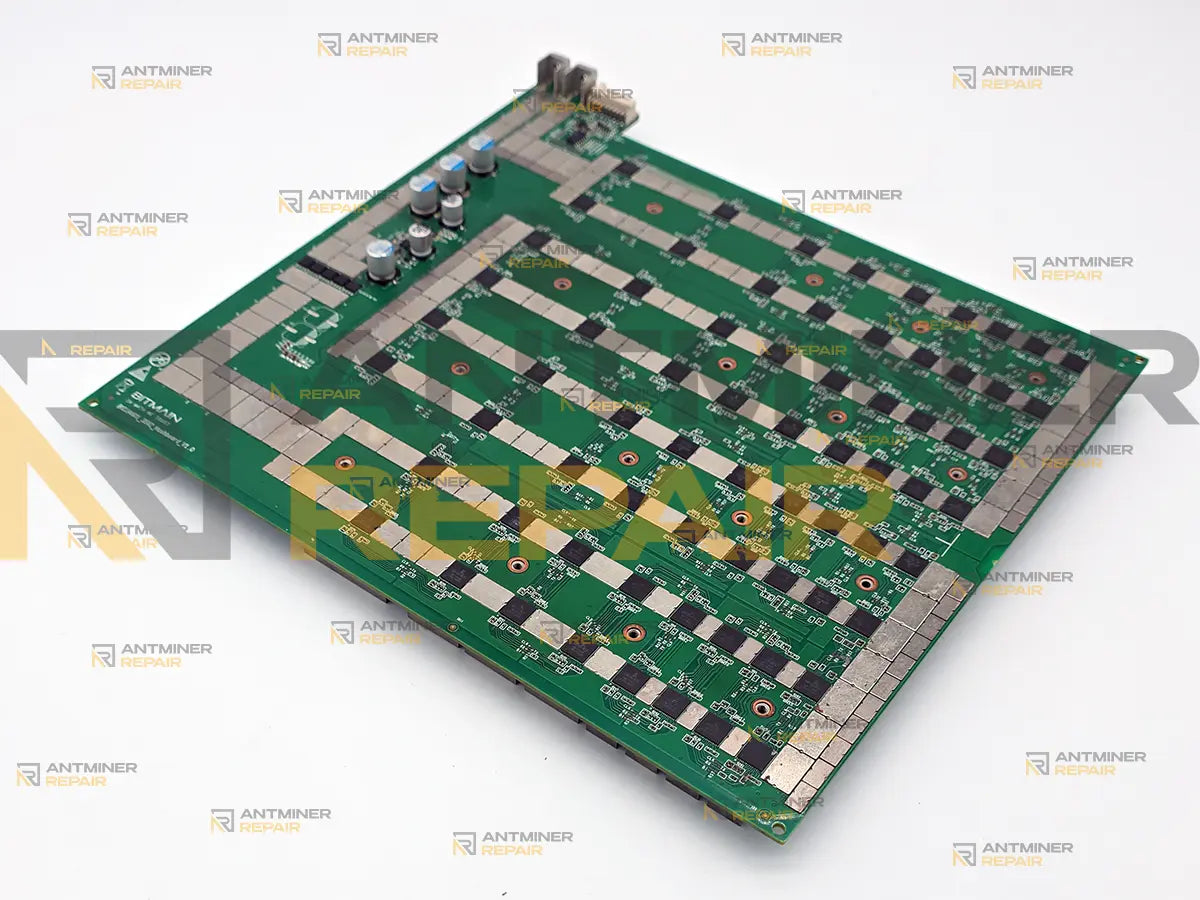 Bare Antminer D7 hashboard viewed from top with BM1764AB chip slots and signal traces