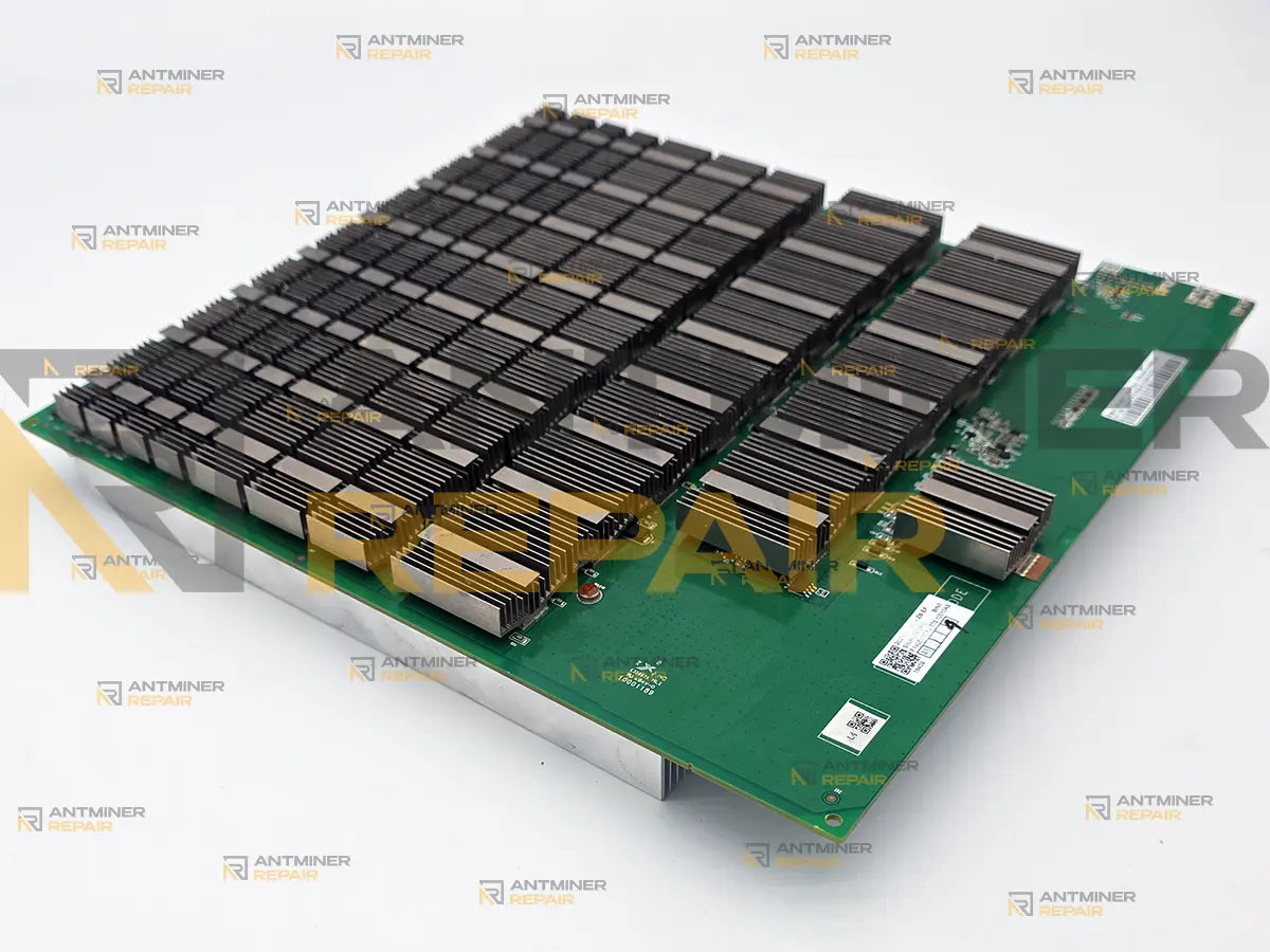 Antminer D7 board with dark metal heatsinks installed over ASIC rows, viewed from side