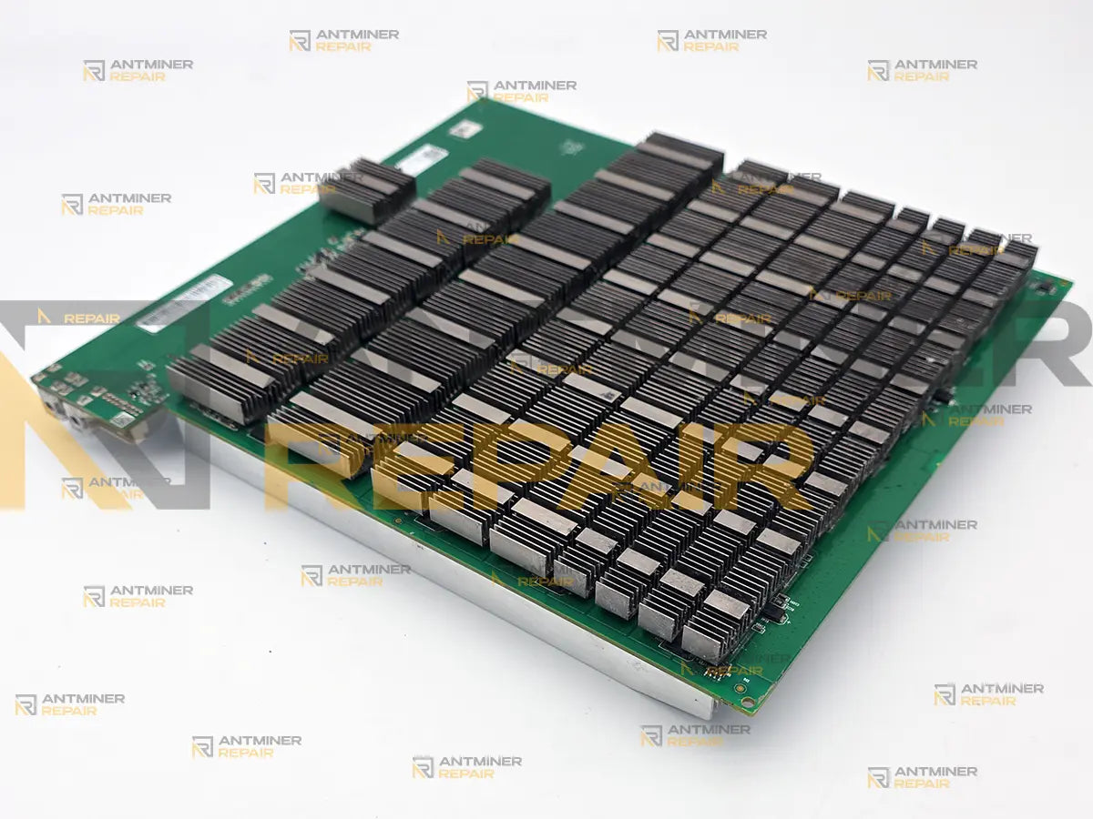 Top view of Antminer D7 hashboard with full black heatsinks covering chip zones
