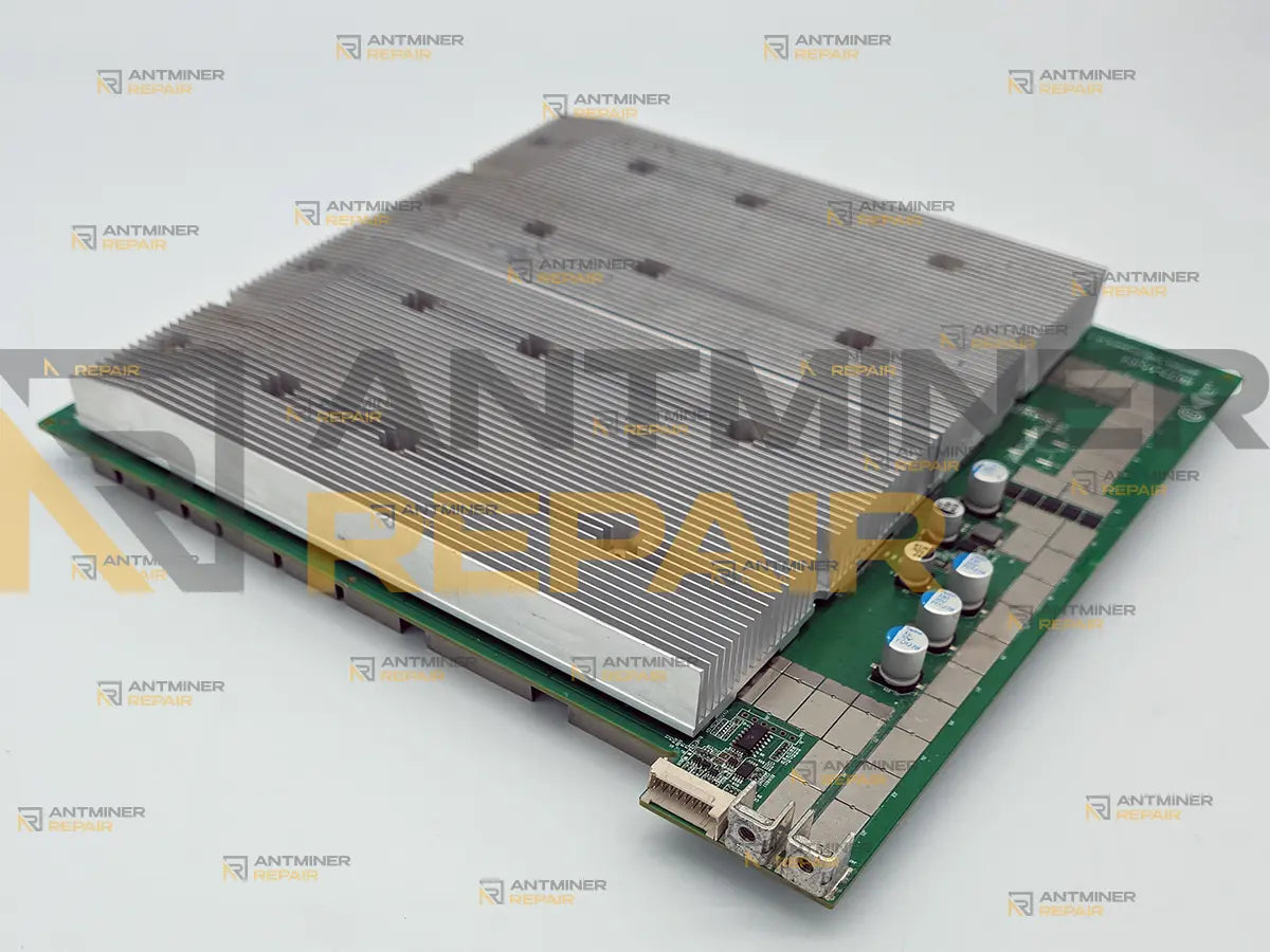 Antminer D7 hashboard with aluminum heatsink and visible power section components