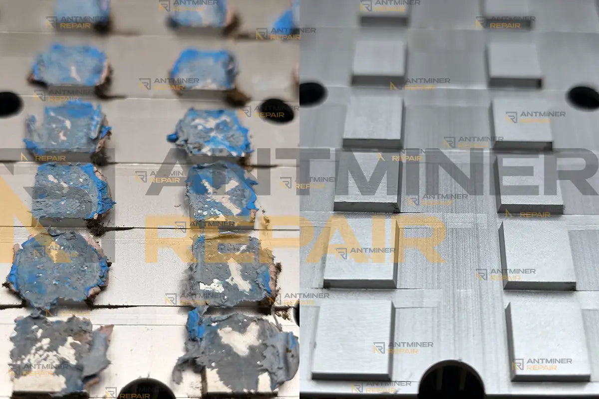 Antminer ASIC heatsink before and after cleaning old thermal paste showing proper preparation for new thermal compound during ASIC miner repair
