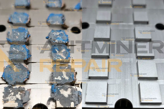 Antminer ASIC heatsink before and after cleaning old thermal paste showing proper preparation for new thermal compound during ASIC miner repair