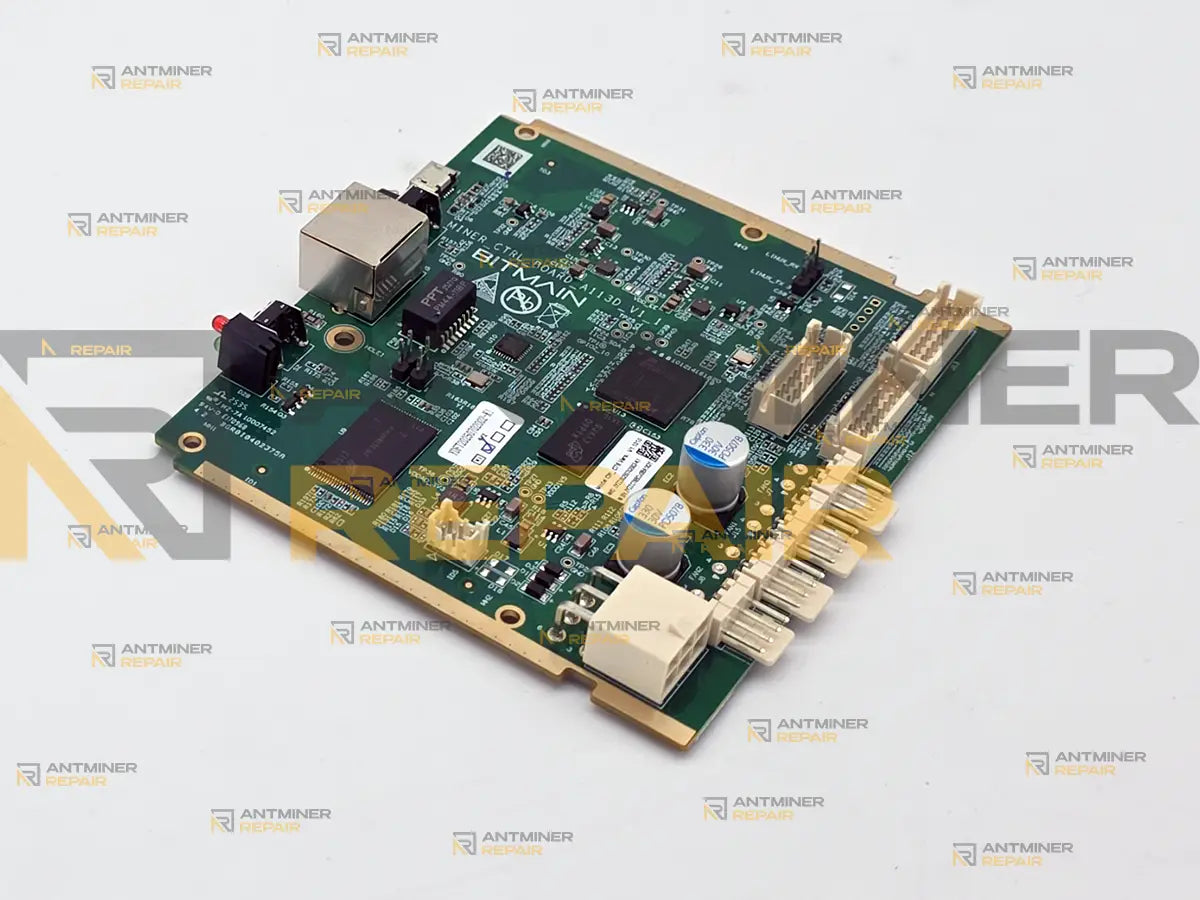 Antminer AML control board for the S19 series, angled view showing the flat 4-pin fan headers and the Ethernet jack