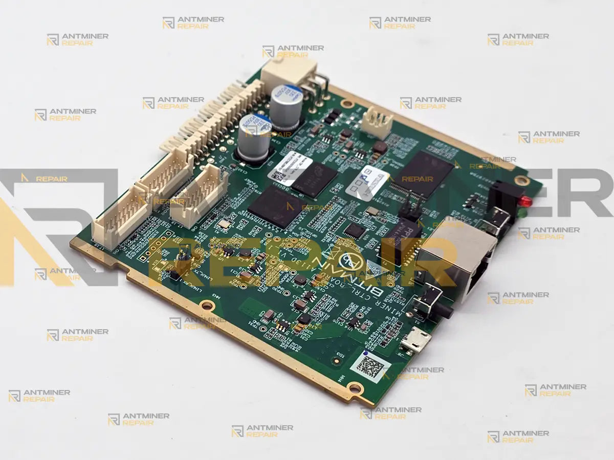 Antminer AML control board for the S19 series, angled view along the hashboard ribbon headers and the power connector