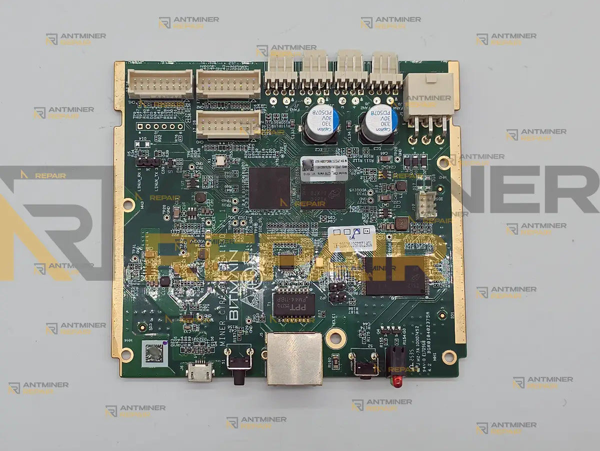 Antminer AML control board for the S19 series, top view showing four flat 4-pin fan headers, three hashboard ribbon connectors, the micro-USB port and no SD card slot