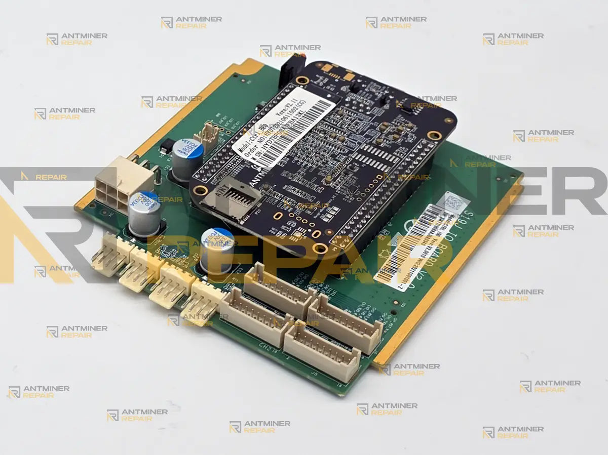 Antminer BeagleBone control board from above, with the Ctrl_BF0 module label, the PSU connector, fan headers and three ribbon headers