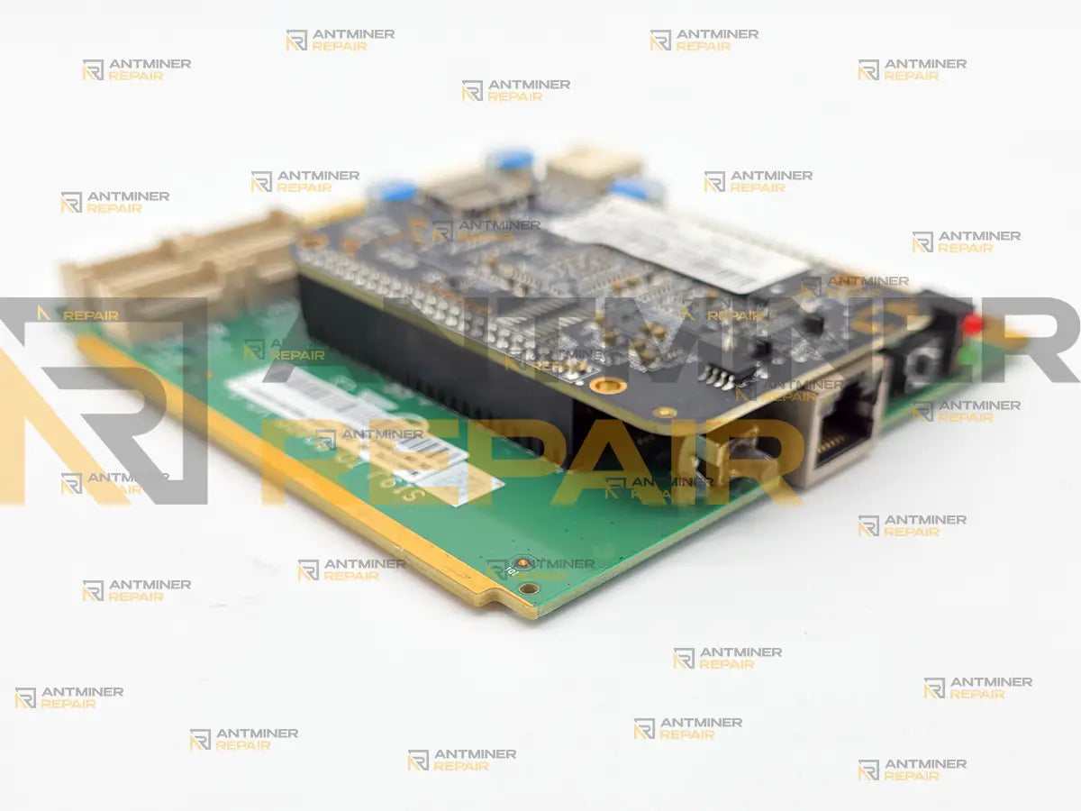Antminer BeagleBone control board from the side, showing the processor module stacked on its carrier board with the gap between them