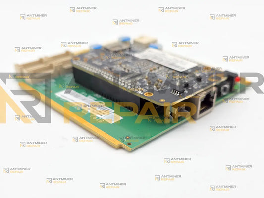 Antminer BeagleBone control board from the side, showing the processor module stacked on its carrier board with the gap between them
