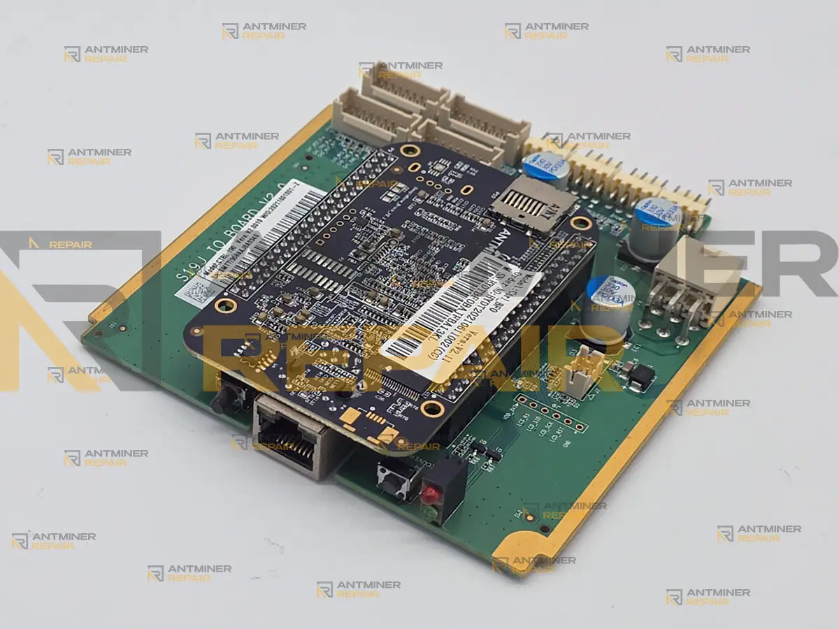Antminer BeagleBone control board on the S19J IO board, with the internal microSD slot on the module and the Ethernet jack at the edge