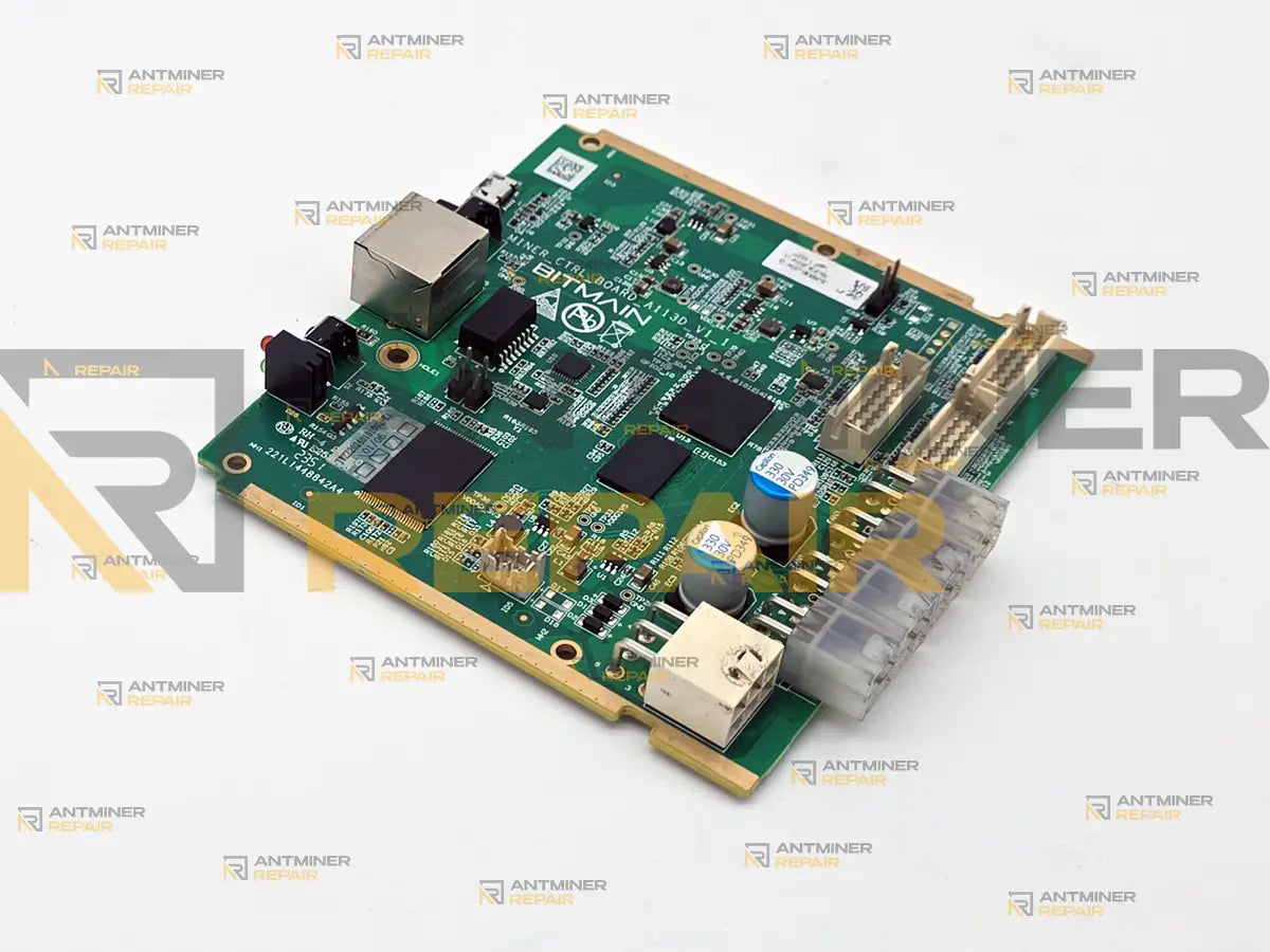 Antminer AML control board used on the standard S21 and the L9, angled view showing the square fan headers, ribbon headers and the micro-USB firmware port