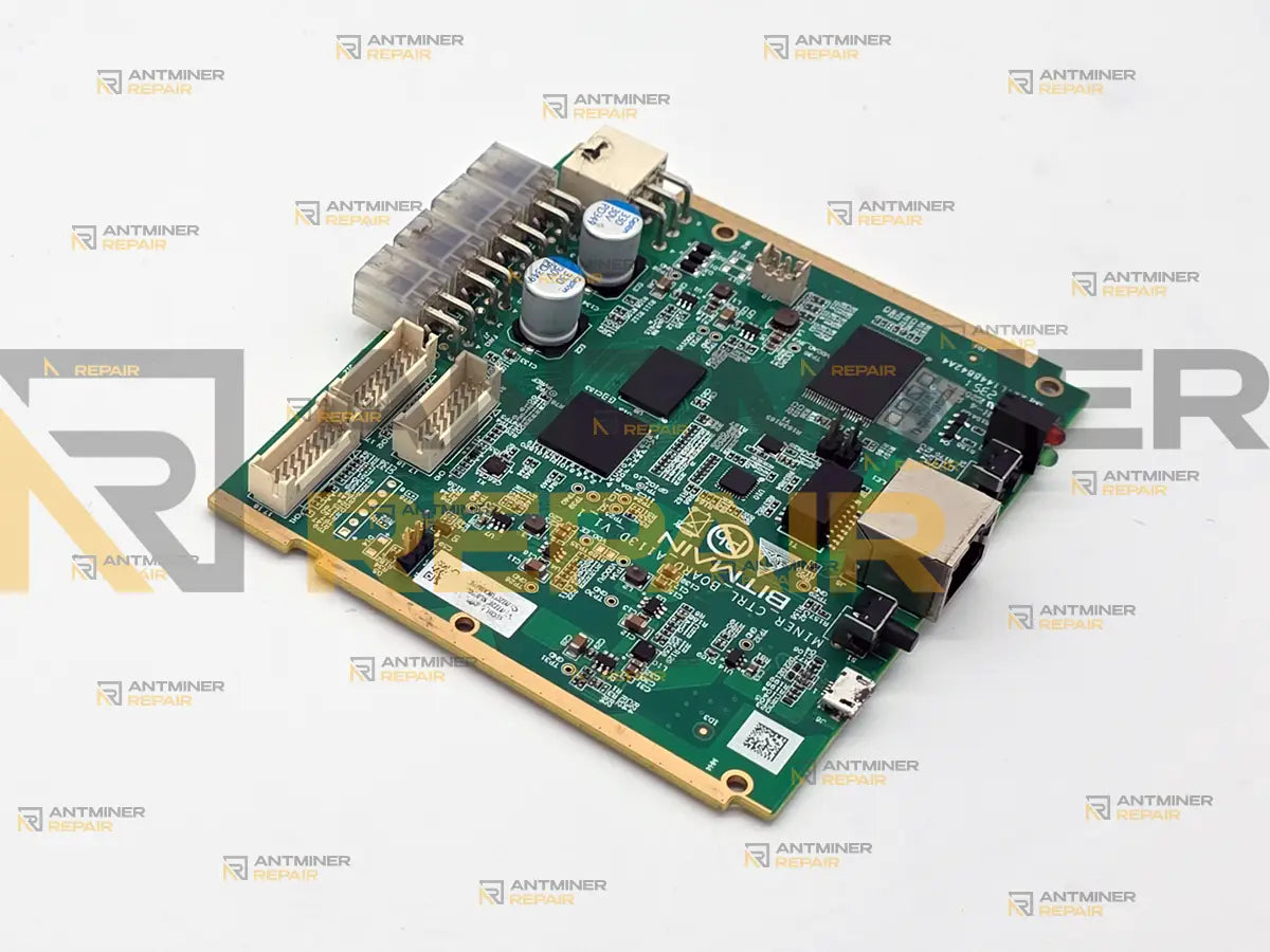 Connector side of the Antminer AML control board used on the standard S21 and the L9, showing square 4-pin fan headers, hashboard ribbon connectors and the power input