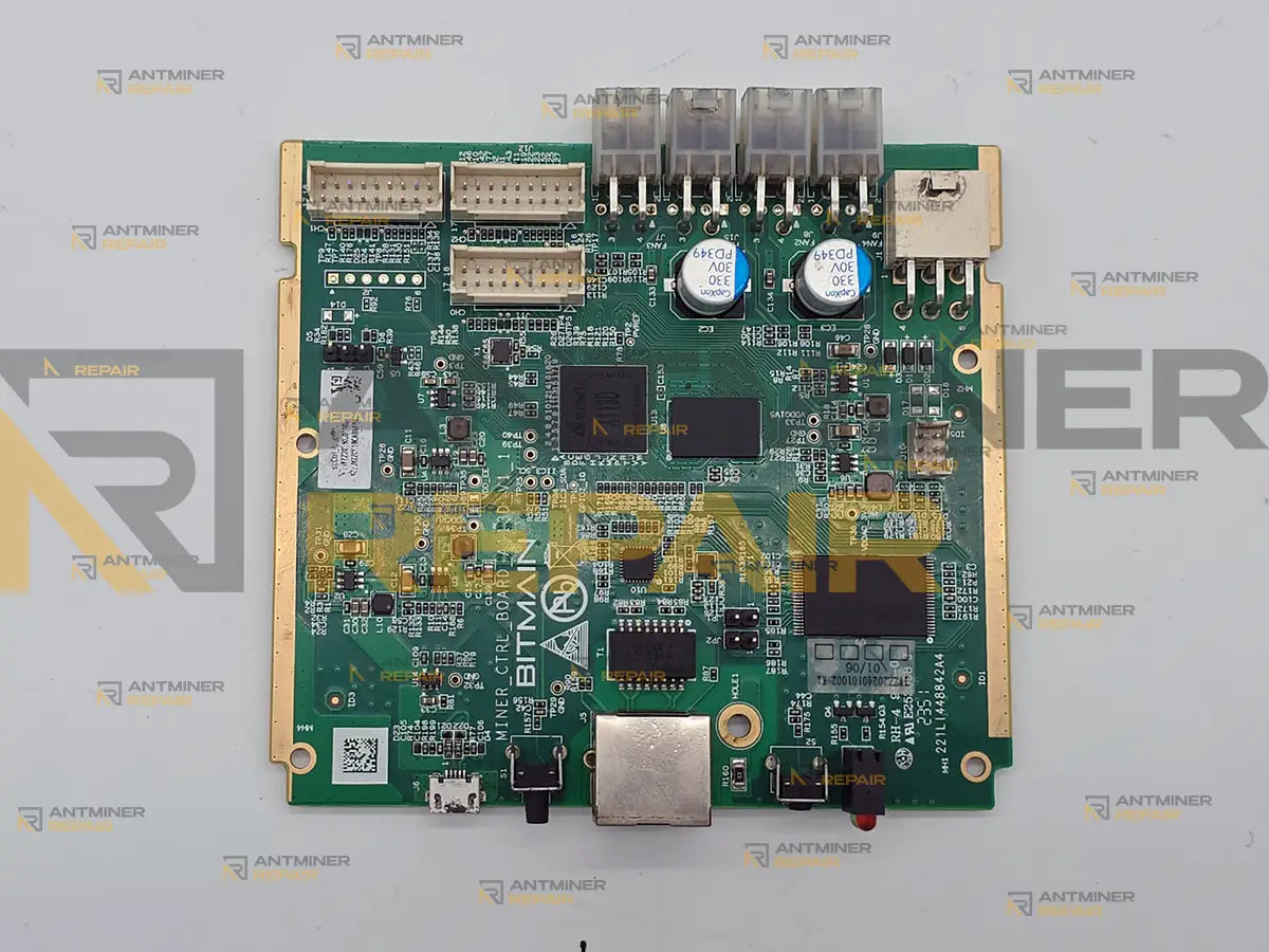 Antminer AML control board used on the standard S21 and the L9, top view with four square 4-pin fan headers, three hashboard ribbon connectors and the Amlogic A113D processor