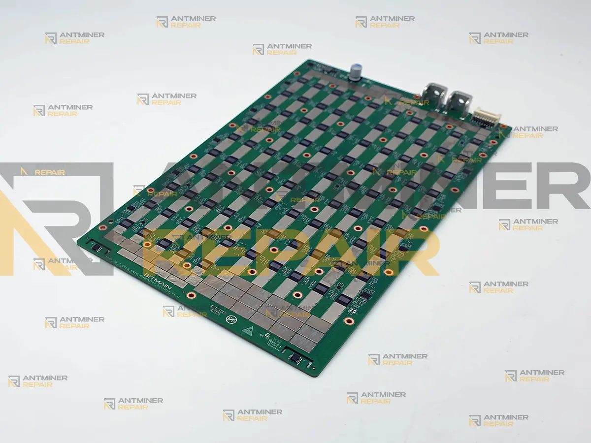 Antminer S21+ Hydro hashboard without its cold plate, angled view along the chip rows