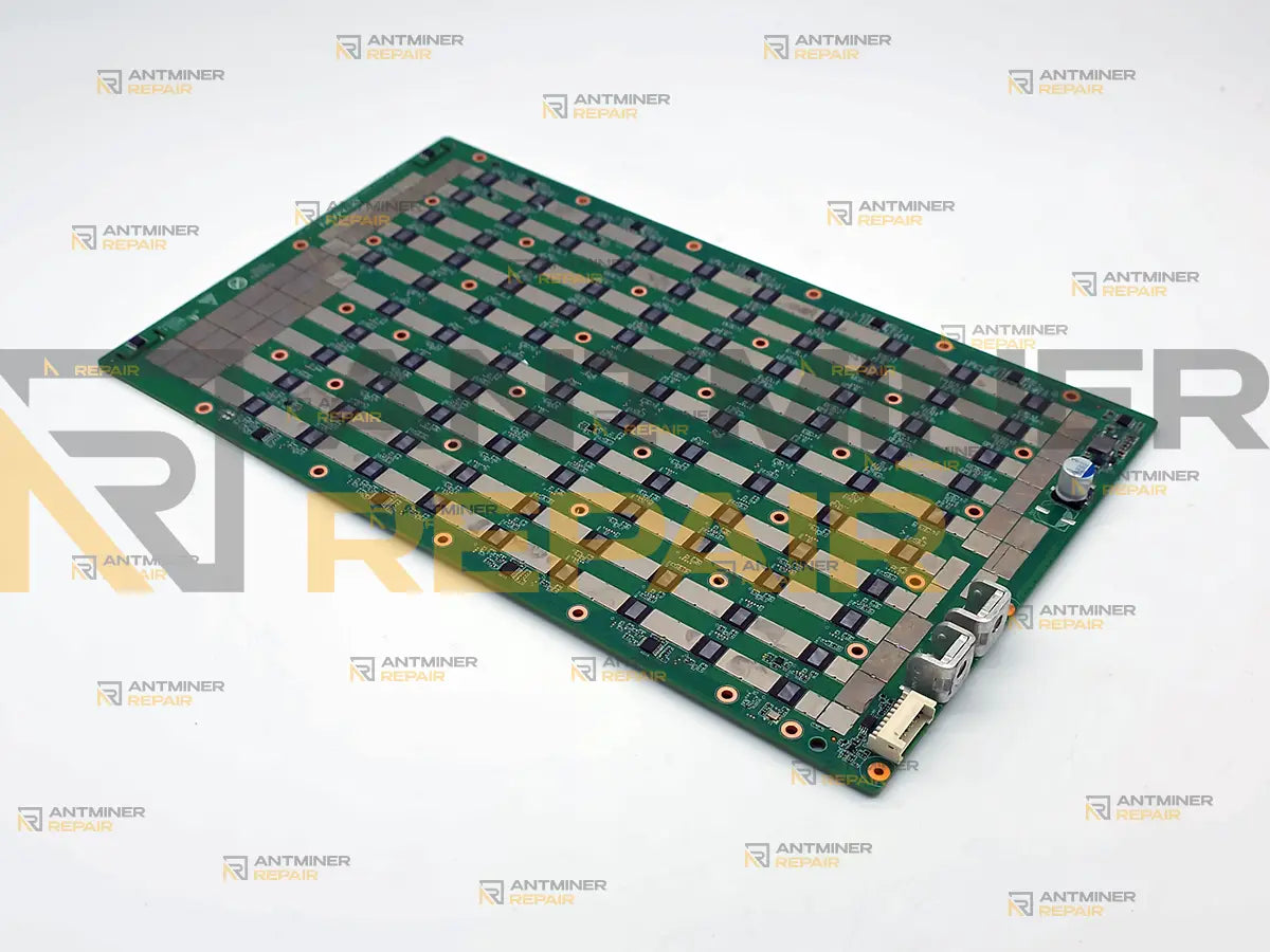 Bare Antminer S21+ Hydro hashboard, chip rows and power stages running the length of the board