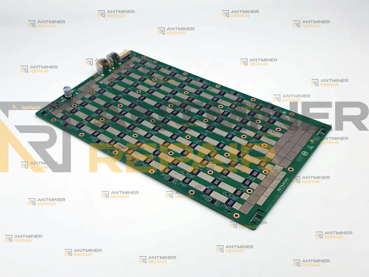 Antminer S21+ Hydro hashboard with the cold plate removed, all 95 chips visible in rows across the board