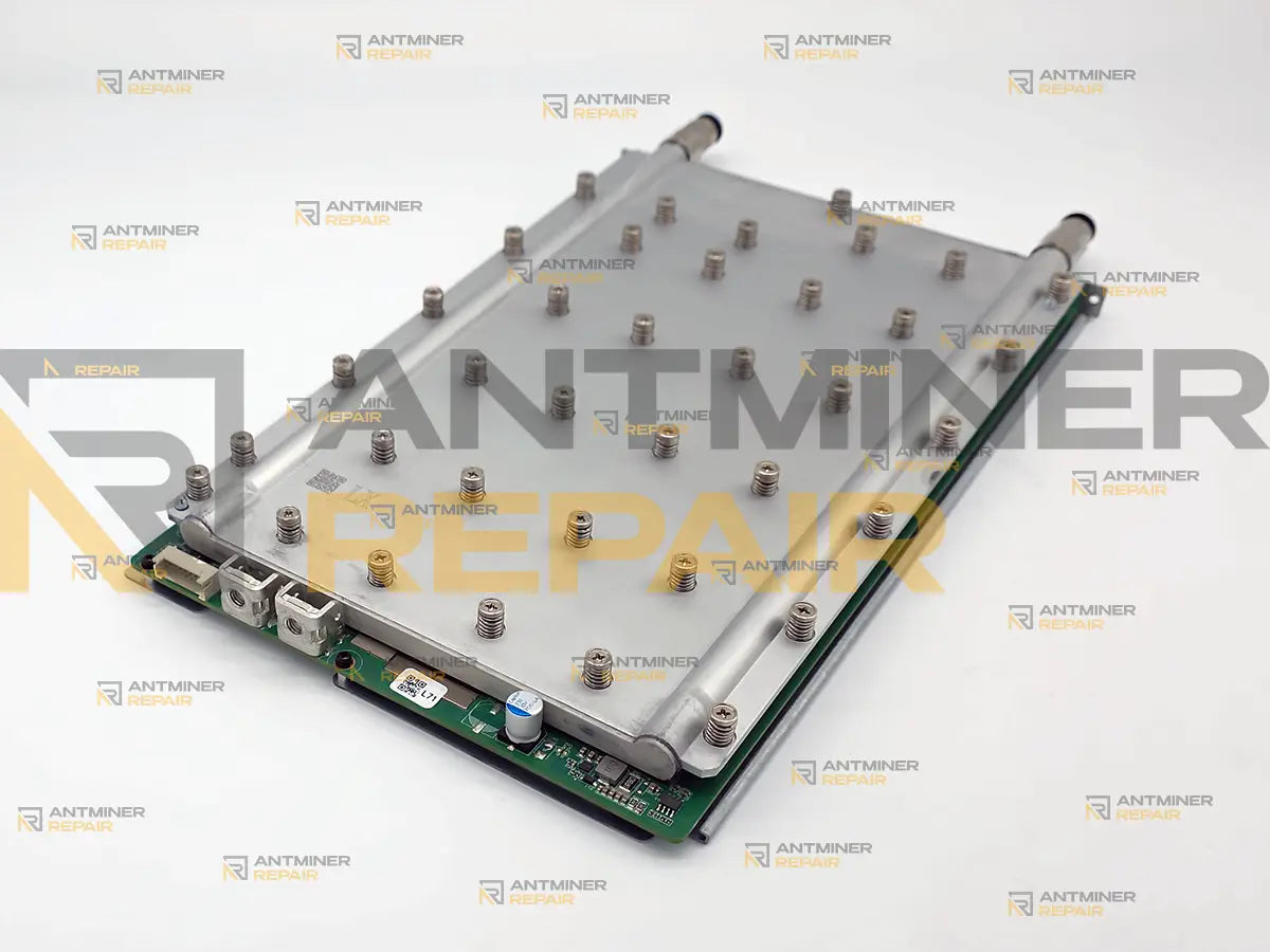 Antminer S21+ Hydro hashboard with the liquid cooling cold plate bolted in place, viewed from above