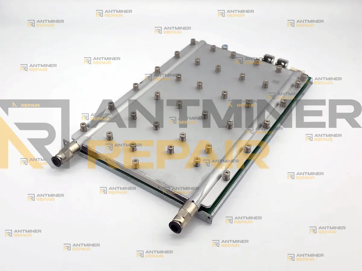 Antminer S21+ Hydro hashboard cold plate with the two quick-connect water fittings