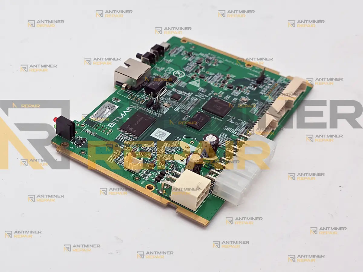 Wide-format Antminer AML control board for the S21 Pro, S21 XP and S21+, angled view across the square fan headers and hashboard ribbon connectors