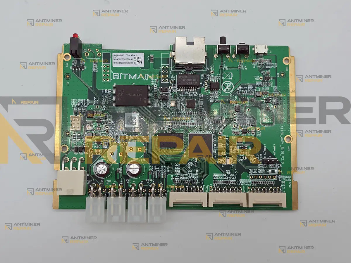 Wide-format Antminer AML control board for the S21 Pro, S21 XP and S21+, top view with four square 4-pin fan headers marked FAN1 to FAN4 and three hashboard ribbon connectors