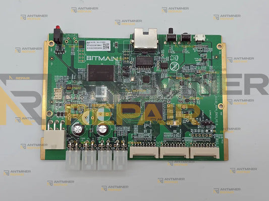 Wide-format Antminer AML control board for the S21 Pro, S21 XP and S21+, top view with four square 4-pin fan headers marked FAN1 to FAN4 and three hashboard ribbon connectors