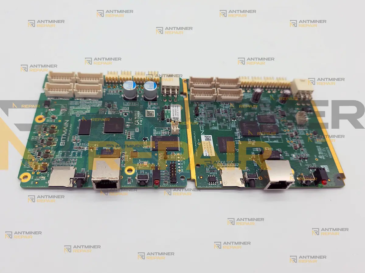 An Antminer Xilinx control board and a CVITEK CV1835 control board side by side from above, showing how alike the two families look