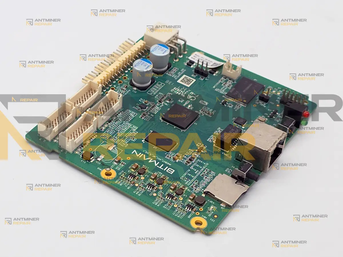 Antminer Xilinx control board at an angle, showing the row of 4-pin fan headers, the hashboard ribbon headers and the microSD slot next to the Ethernet jack