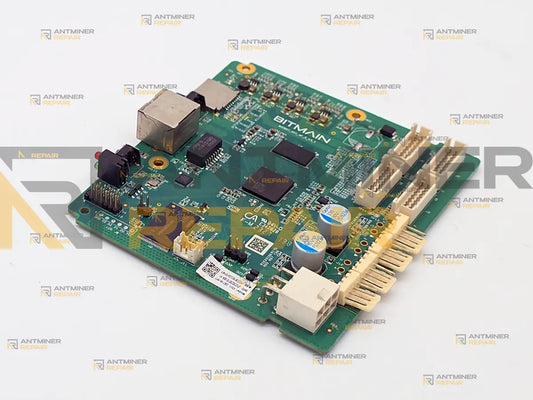 Antminer Xilinx control board from above, with the Ethernet jack, the BITMAIN silkscreen, the 6-pin PSU connector, the fan headers and the hashboard ribbon headers