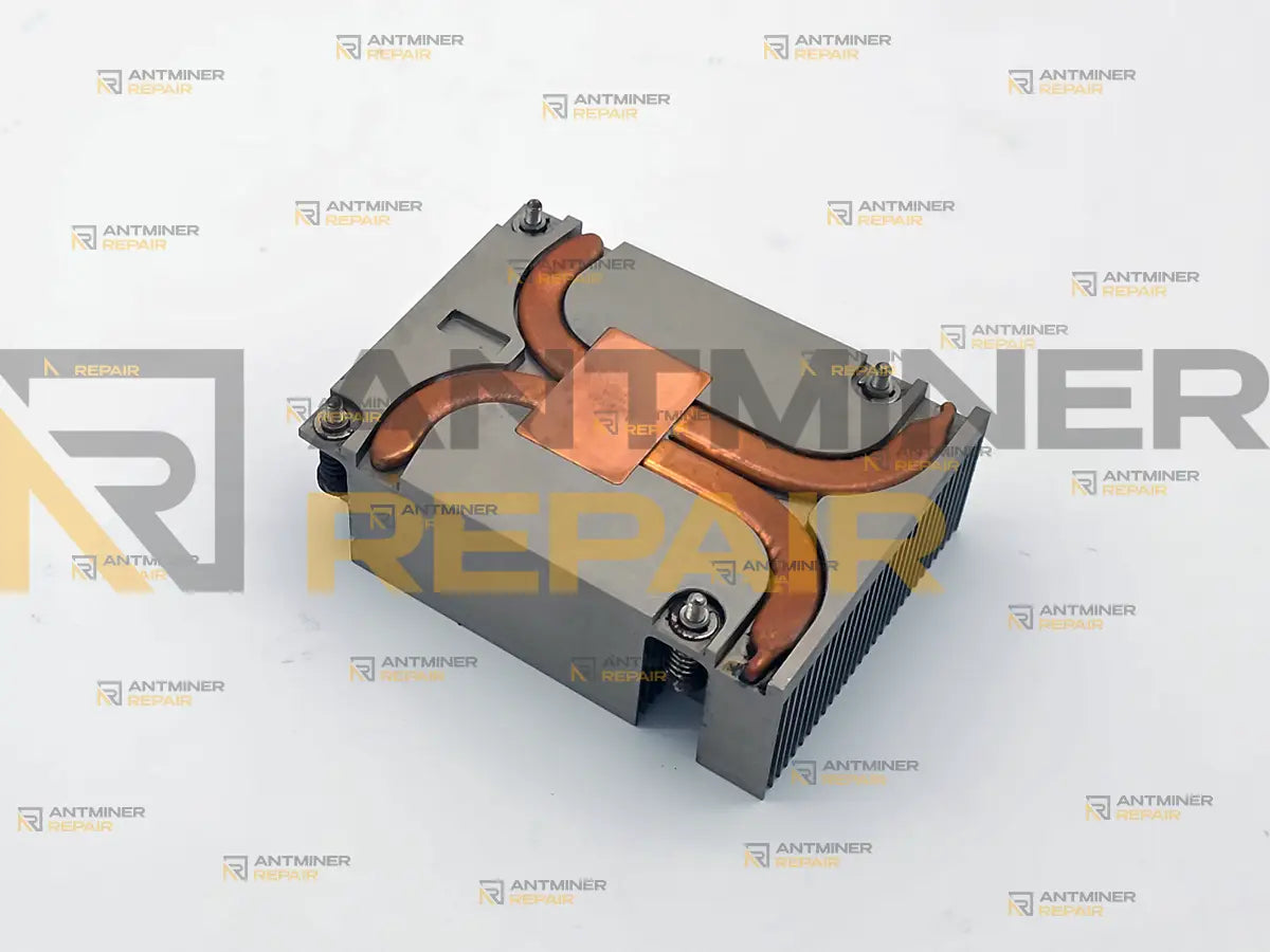 Bottom of a used Antminer Z11 ASIC heatsink: copper contact pad and two copper heat pipes