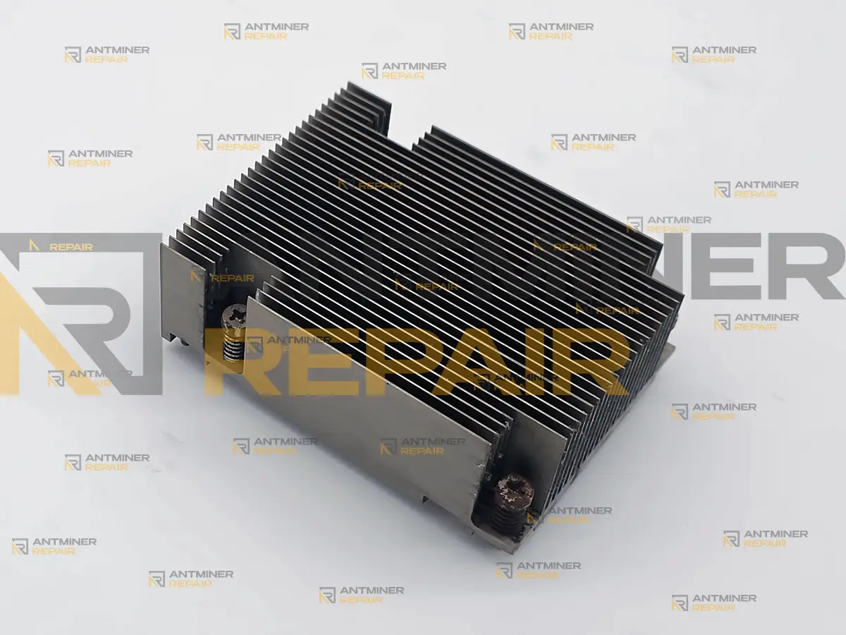 Used Antminer Z11 ASIC heatsink, angled top view: straight aluminum fins and spring-loaded mounting screws