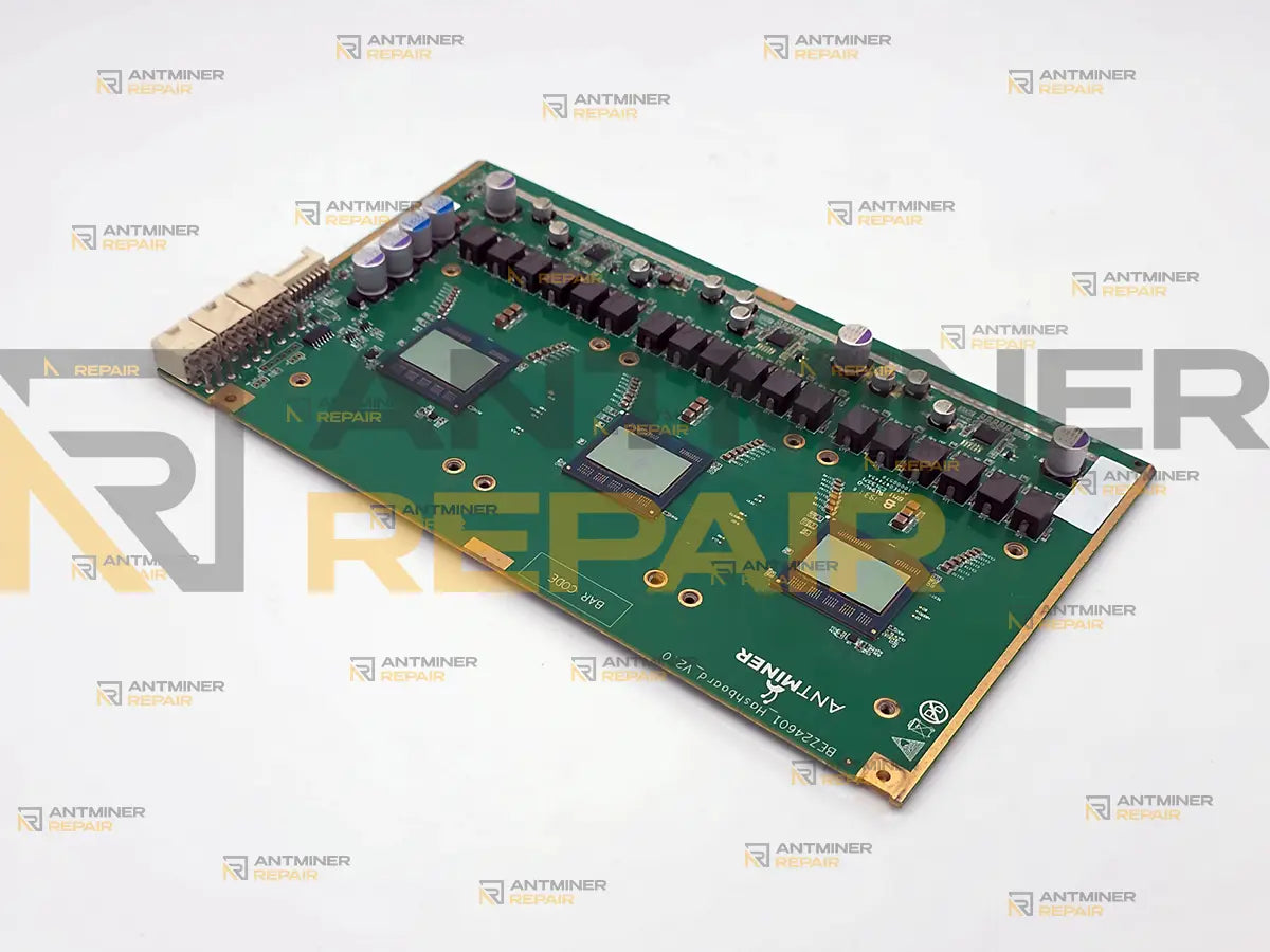 Antminer Z11 hashboard BEZ24601_Hashboard_V2.0 with heatsinks removed, all three BM1744AB chips visible