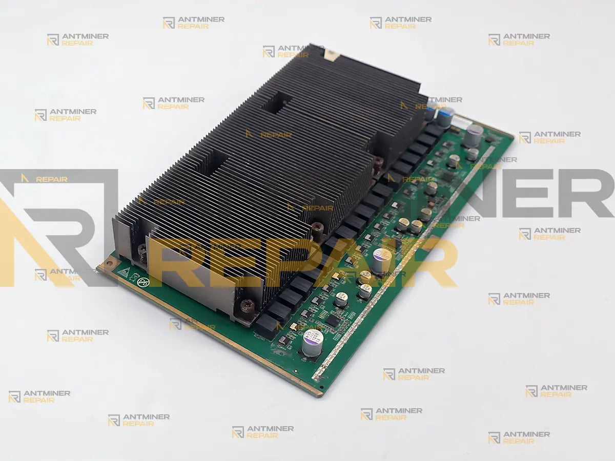 Antminer Z11 hashboard with all three ASIC heatsinks installed, angled view
