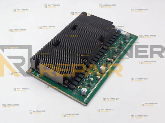 Antminer Z11 hashboard with all three ASIC heatsinks installed, angled view