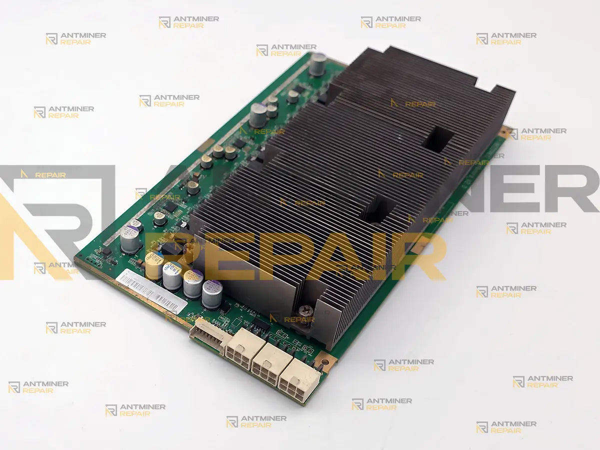 Antminer Z11 hashboard with heatsinks fitted and the power and signal connectors in view