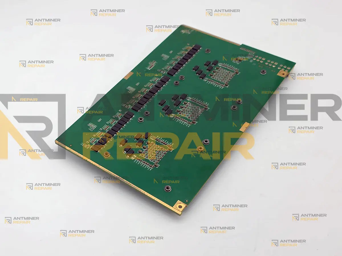 Solder side of an Antminer Z11 hashboard, angled view of the three chip footprints