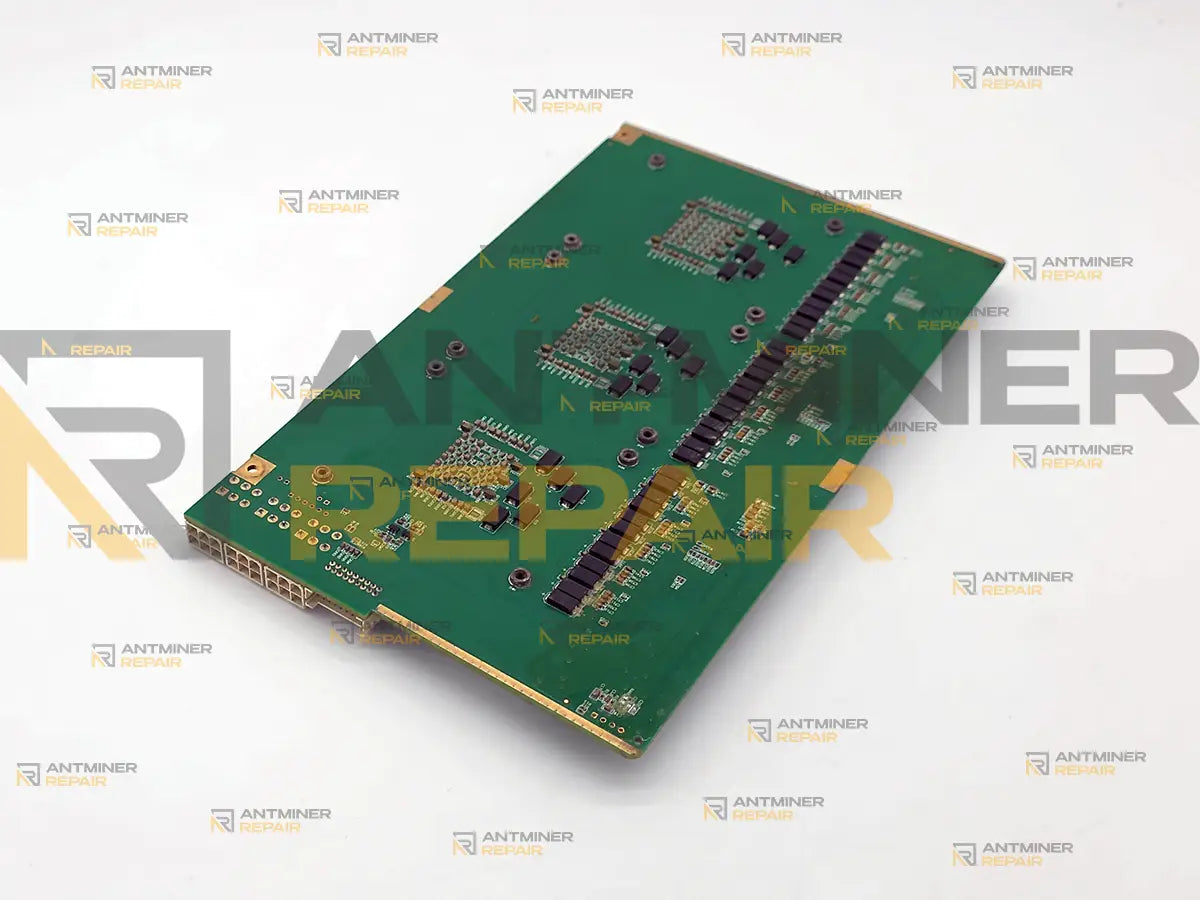 Solder side of an Antminer Z11 hashboard: three chip footprints and the rows of power stages