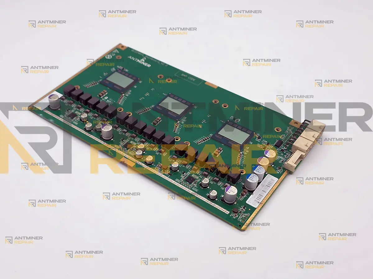 Antminer Z11 hashboard without heatsinks, angled view of the three BM1744AB chips and their power stages