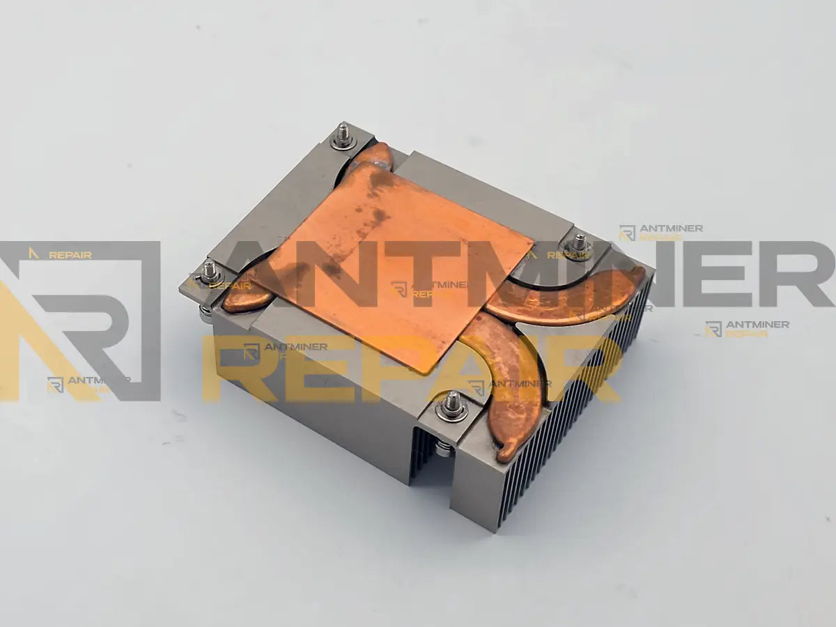 Bottom of a used Antminer Z15 ASIC heatsink from another angle: copper plate and heat pipes
