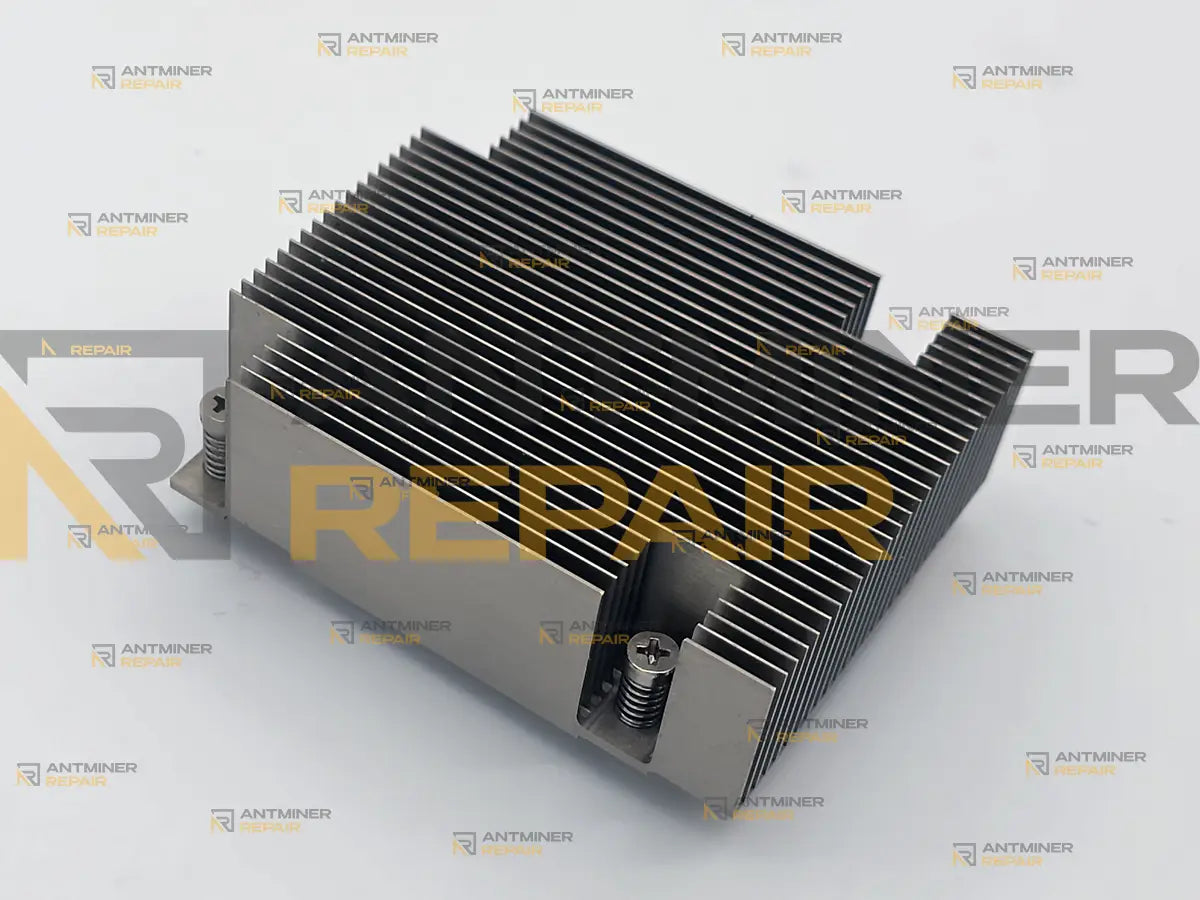Used Antminer Z15 ASIC heatsink, angled top view: straight aluminum fins and spring-loaded mounting screws