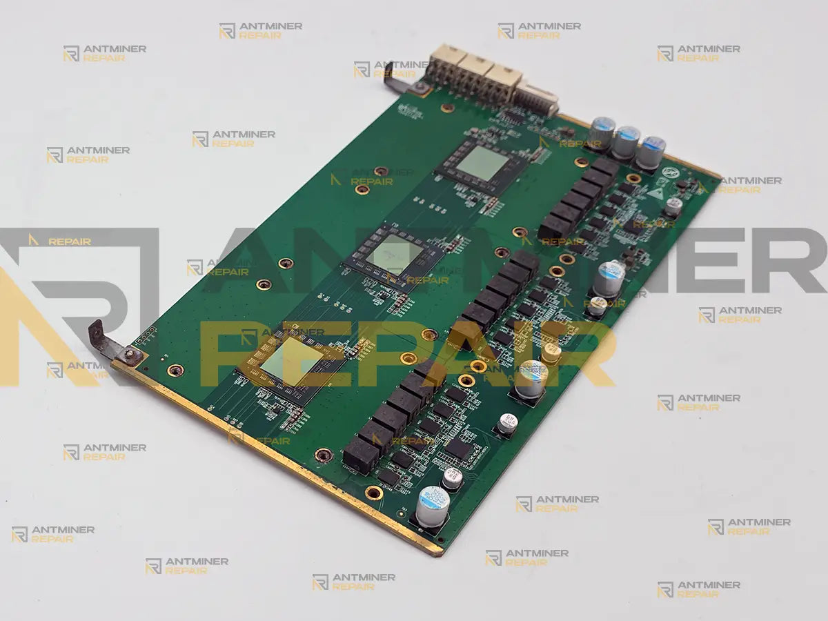 Antminer Z15 hashboard component side with the converters of its three power domains and the power connectors